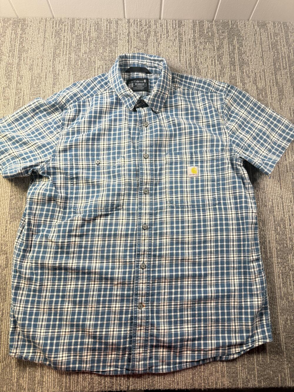 Carhartt Shirt Mens Large Blue Plaid Short Sleeve Button Up Workwear Casual